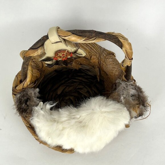 Native American Sioux Dream Gathering Handled Basket Woven Fur Feathers - Picture 4 of 10